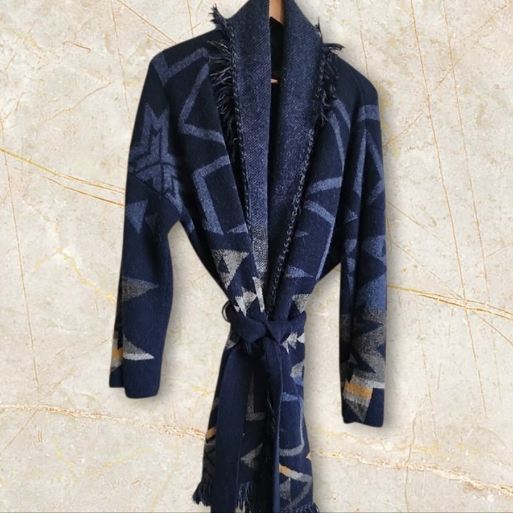 Pendleton Wool Wrap Cardigan Geometric Fringe Belted Southwestern Sweater